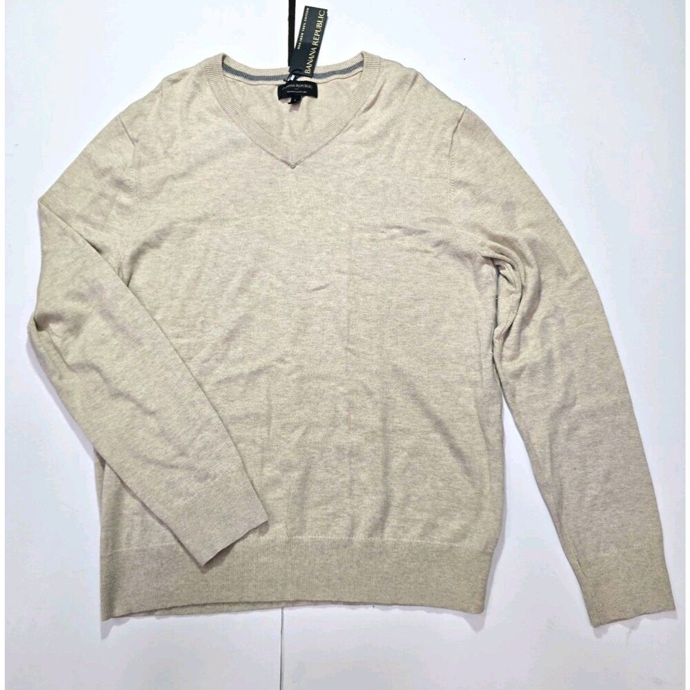 Banana Republic Mens L Beige Cotton Knit V-Neck Ribbed Pullover Sweater